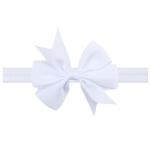 Classic white grosgrain ribbon bow on a stretchy elastic headband for baby girls