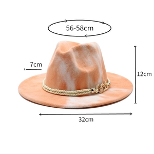 Detailed size parameters for tie-dye fedora hat with gold chain, 7cm wide brim