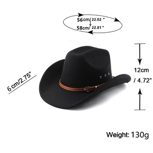 Black western felt cowboy hat detail with measurements, brown leather band, and air vents