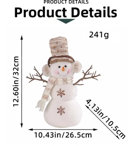 Detailed size and weight specifications for a plush Christmas snowman desktop ornament