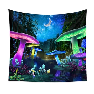 Bohemian forest tapestry with colorful glowing mushrooms and starry night moon art