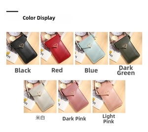Crossbody phone purse with heart buckle shown in seven elegant colors and PU leather texture
