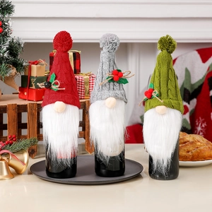 Christmas Wine Bottle Cover Gnome Tomte Faceless Doll Knitted Hat Faux Fur Beard Festive Dining Table Decoration Party Ornament