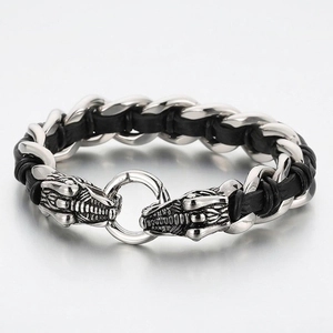 Pulsera Cabeza De Dragón Acero Inoxidable Cuero Trenzado Hombre Punk Gótico Vintage Joyería Motero Accesorio