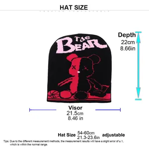 Size chart for bear graphic knit beanie showing dimensions 54-60cm for head circumference