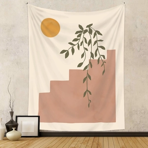 Tapisserie murale bohème avec soleil géométrique et motifs de plantes pour décor