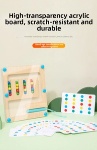 Detail of wooden magnetic color sorting maze with beads and logic cards for kids