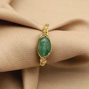 Vintage Handmade Gold Woven Wire Wrapped Ring With Oval Green Jade Stone Geometric Band Ring For Women Jewelry Gift