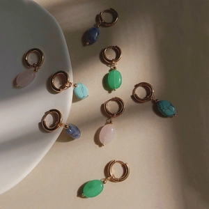 French retro gold oval gemstone earrings in pink blue and green natural stones