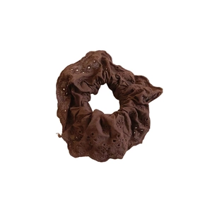 Dark brown double-layer hollow lace scrunchie with vintage eyelet embroidery design