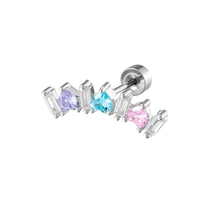 Delicate curved ear stud with colorful heart-shaped cubic zirconia and silver finish