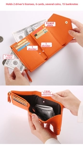 Internal layout of orange pebbled leather wallet with multiple card slots and coin pocket