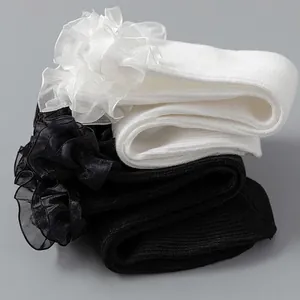 Women summer sheer organza flower lace socks in classic black and white colors
