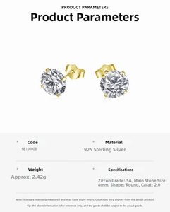 Detailed spec sheet showing 8MM 2.0ct round zircon earrings in 925 sterling silver