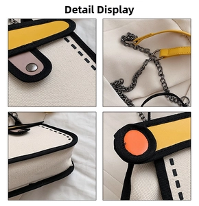 Detail shots of 2D cartoon style canvas bag showing metal chain and buckle