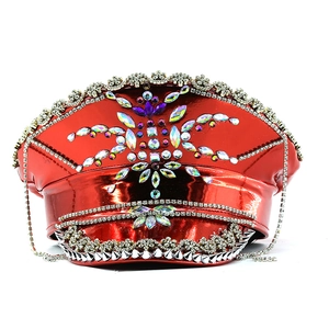 Red punk captain hat with radiant rhinestones and silver metal spikes for festivals
