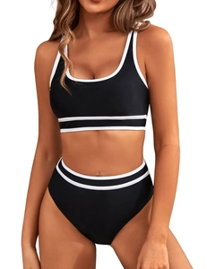 Detail of high-waist bikini bottom and tank top with black and white contrast piping