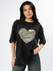 Γυναικείο T-Shirt Βαμβακερό Oversized Vintage Πλυμένο Μαύρο Γραφικό Σχέδιο Καρδιά Κοντό Μανίκι Στρογγυλή Λαιμόκοψη Retro Street
