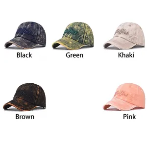 Distressed denim baseball caps with New York embroidery in five vintage colors
