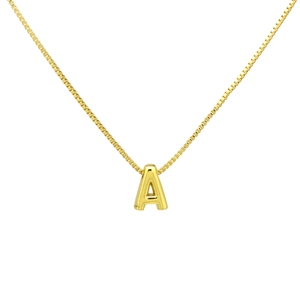 Macro shot of 18k gold plated 3D letter A pendant on a classic box chain necklace