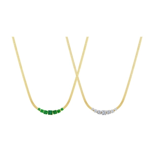 Elegant gold snake chain necklace with square green and white zircon stones in minimalist style