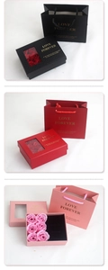 Detailed gift box set with soap roses and matching carry bags in black, red, and pink