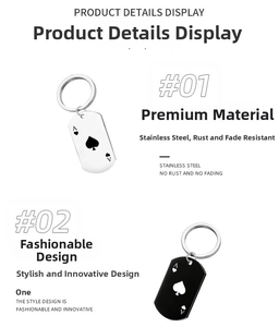 Detail of silver and black stainless steel Ace of Spades poker card pendant keychains