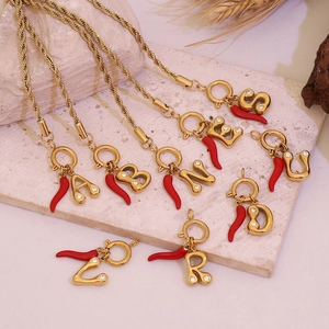 Alphabet Initial Letter Bracelet Stainless Steel Gold Plated Red Chili Pepper Cornicello Charm Rope Chain Jewelry For Women