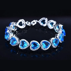 Heart Shaped Blue Gemstone Tennis Bracelet Copper Sparkly Luxury Jewelry For Women Wedding Anniversary Gift