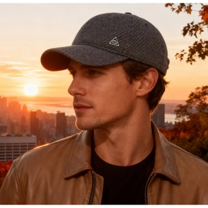 Detail of grey winter baseball cap with ProHike logo on thick textured knit fabric