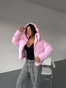 Short pink hooded puffer jacket for women with warm padded insulation for winter