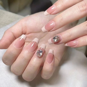 French Tip Press On Nails Nude Pink Ombre With Square Rhinestone ABS Artificial Fingernails For Women