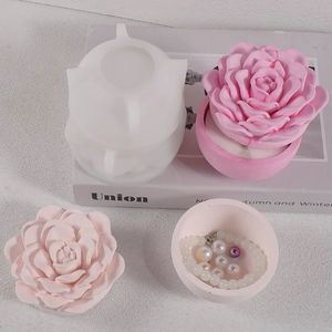 Detailed silicone mold for floral rose jewelry box with lid and pink finished crafts