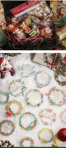 Détail de stickers Noël en PET avec dorure, motifs de couronnes festives et Père Noël