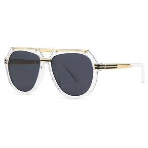Modern retro aviator sunglasses with transparent gold frame and dark gray lenses