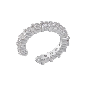 Close-up of silver C-shaped ear cuff with pave-set sparkling cubic zirconia crystals