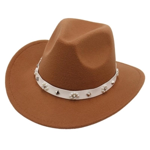 Classic brown wool felt cowboy fedora hat with elegant pearl and stud decor band