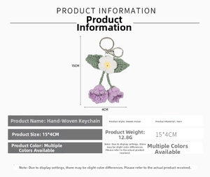 Detail specifications of handmade knitted purple flower keychain with metallic lobster clasp