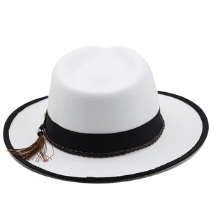 Elegant white wool felt fedora hat with black trim and stylish brown tassel decoration