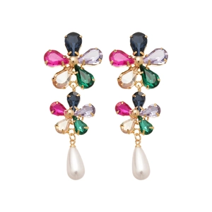 Exquisite gold-plated flower earrings with colorful crystals and pearl pendants