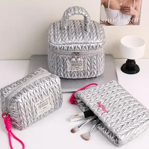 Quilted Makeup Bag Large Capacity Metallic Silver Cosmetic Organizer Travel Toiletry Pouch Artificial Pearl Zipper For Women