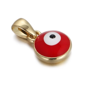 Macro shot of gold-plated evil eye charms with vibrant enamel inlay and metal loop