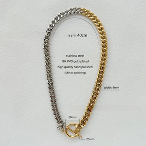 Detail of 9mm two-tone stainless steel Cuban chain necklace with gold PVD OT toggle clasp