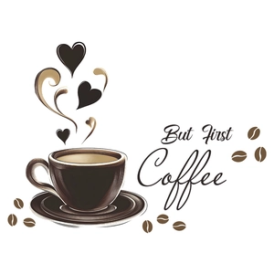 Artistic coffee cup wall sticker with heart steam and But First Coffee typography