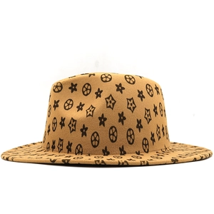 Detail of wide-brim camel wool fedora with all-over floral monogram pattern print