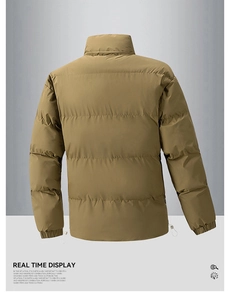Back view of khaki puffer jacket with stand collar and water-resistant quilted fabric