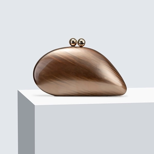 Asymmetric wood-grain acrylic evening clutch bag with elegant golden spherical clasp