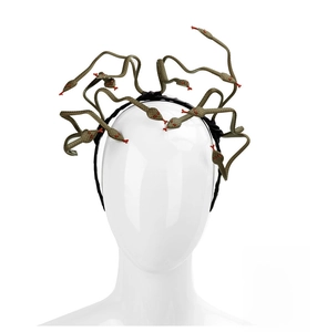 Close-up of bronze Medusa snake headband with red eyes for Halloween cosplay decor