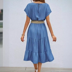 Elegant blue short sleeve tiered midi dress with woven belt and back zipper detail