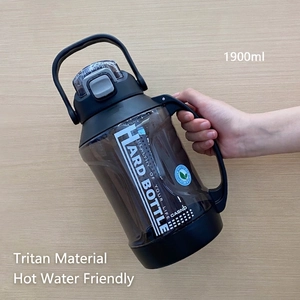 Close-up of a 1900ml black Tritan water bottle showing side handle and heat resistance